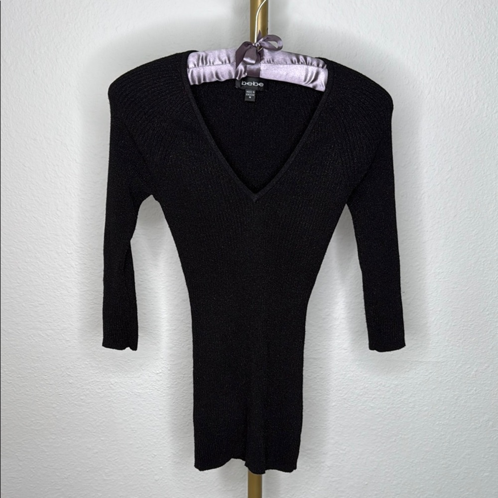 Bebe Black V-Neck Glitter 3/4 Sleeve Understated Elegance Knit Sweater Sz M